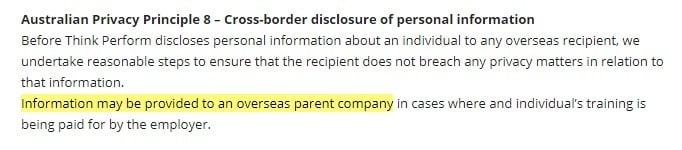Think Perform Privacy Policy: Australian Privacy Principle 8 - Cross-border disclosure of personal information clause