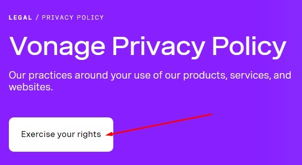 Vonage Privacy Policy header with Exercise your rights link