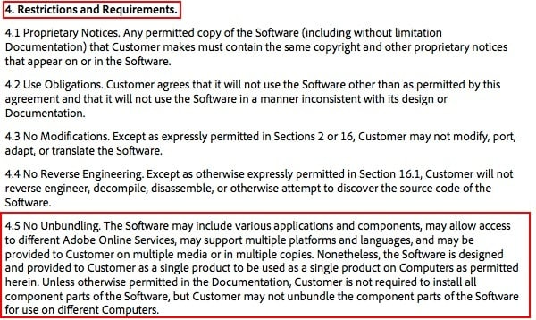 Adobe Software License Agreement SLA: Restrictions and Requirements clause excerpt