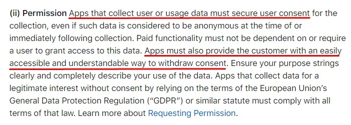 Apple App Store Review Guidelines: Data Collection and Storage clause - Permission section