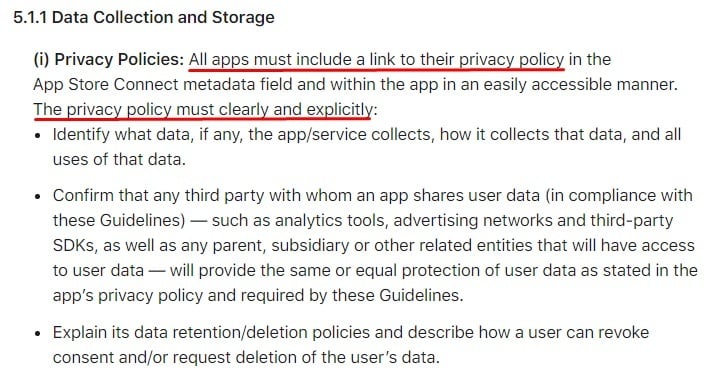 Apple App Store Review Guidelines: Data Collection and Storage clause - Privacy Policies section
