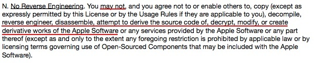 Apple Software License Agreement SLA for macOS Catalina: No Reverse Engineering clause