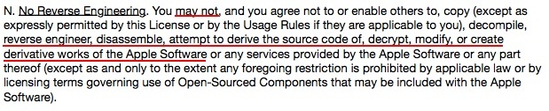 Apple Software License Agreement SLA for macOS Catalina: No Reverse Engineering clause