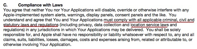 Apple Xcode and Apple SKDs Agreement: Compliance with Laws section