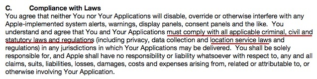 Apple Xcode and Apple SKDs Agreement: Compliance with Laws section