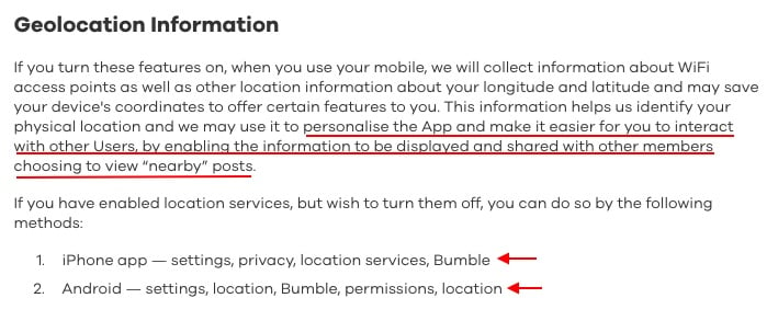 Bumble Privacy Policy: Geolocation Information clause