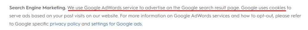 Criteo Privacy Policy: Data Collection and Use clause - Search Engine Marketing section with Google cookies highlighted