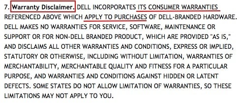 Dell Consumer Terms of Sale: Warranty Disclaimer clause