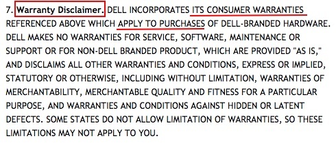 Dell Consumer Terms of Sale: Warranty Disclaimer clause