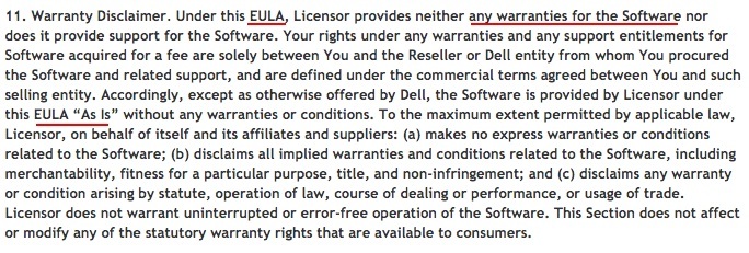 Dell EULA Warranty Disclaimer clause