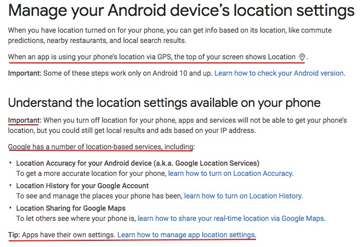 Google Account Help: Manage your Android device location settings page excerpt