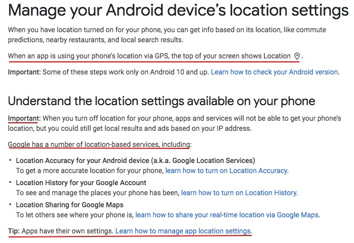 Google Account Help: Manage your Android device location settings page excerpt