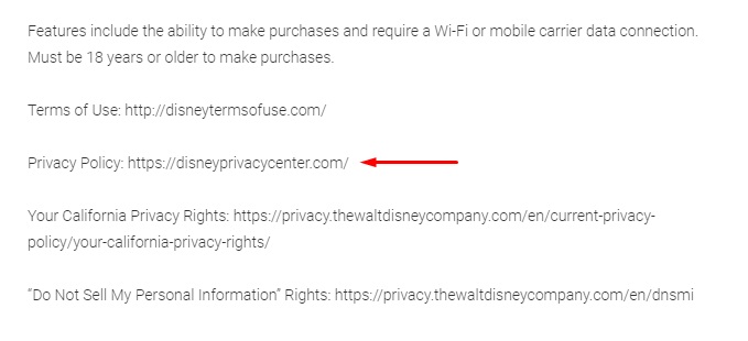 Google Play Console Disneyland app listing with Privacy Policy link highlighted