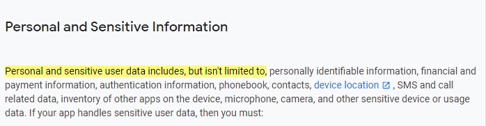 Google Play Console Help Policy Center: Personal and Sensitive Information section excerpt