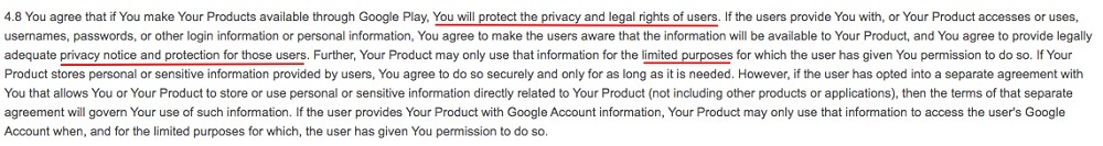 Google Play Developer Distribution Agreement: Protect privacy and legal rights section