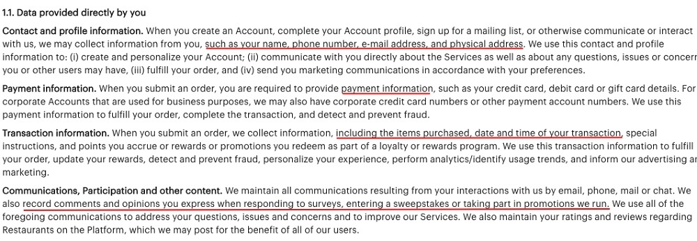 Grubhub Privacy Policy: Personal Information We Collect clause - Data Provided Directly By You section excerpt