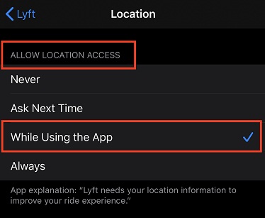 Lyft mobile app: Screenshot of Allow Location Access screen