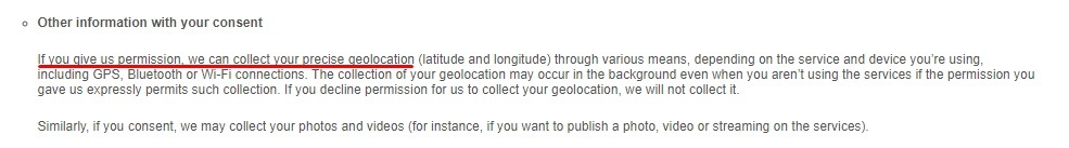 Match Privacy Policy: Other information with your consent clause - Geolocation section highlighted