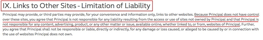 Principal Terms of Use: LInks to Other Sites - Limitation of Liability clause