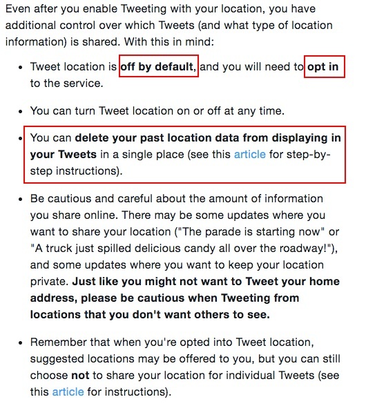 Twitter Tweet Location FAQ: Opt in and delete past location data sections highlighted