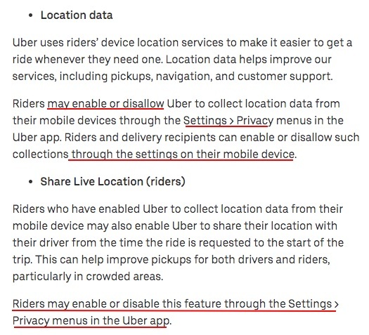 Uber Privacy Notice: Privacy Settings clause - Location Data and Share Live Location sections