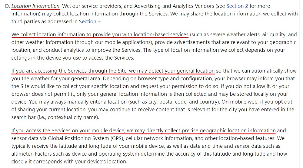 The Weather Channel Privacy Policy: Location Information clause excerpt