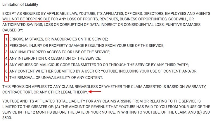 YouTube Terms of Service: Limitation of Liability clause