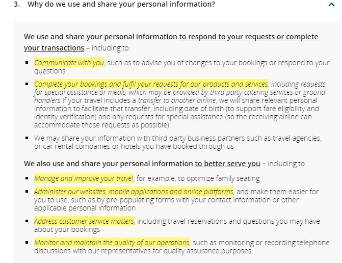 Air Canada Privacy Policy: Why do we use and share your personal information clause excerpt