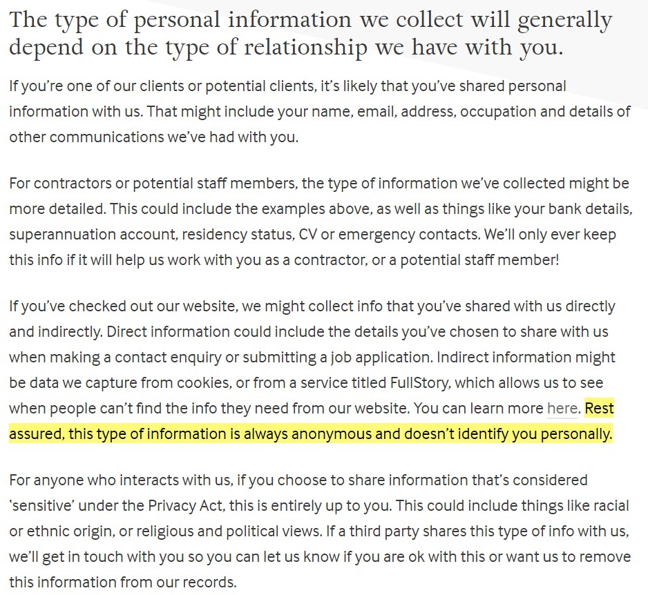 August Privacy Policy: Personal information we collect clause - Anonymous information section highlighted