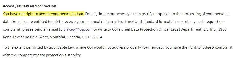 CGI Privacy Policy: Access review and correction clause