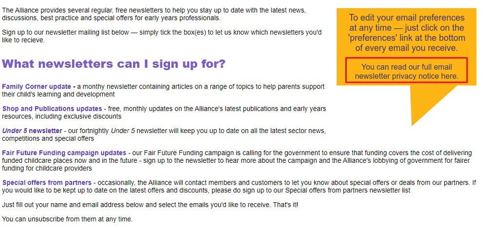 Early Years Alliance email newsletter sign-up page with Privacy Notice link highlighted