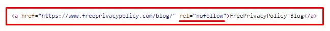 Example of html coding of website with nofollow link: Freeprivacypolicy blog