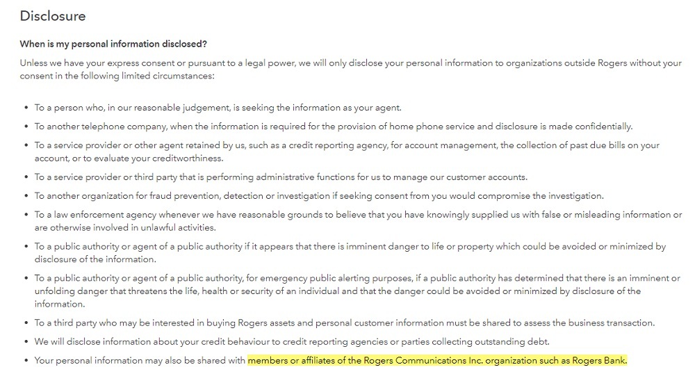 Rogers Privacy Policy: Disclosure of my personal information clause
