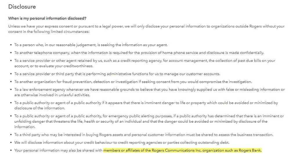 Rogers Privacy Policy: Disclosure of my personal information clause