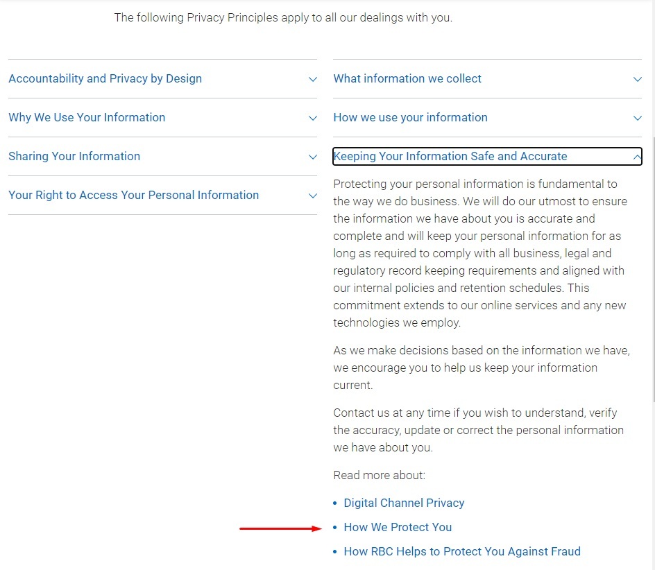 Royal Bank of Canada Global Privacy Notice sections: Keeping Your Information Safe and Accurate clause highlighted