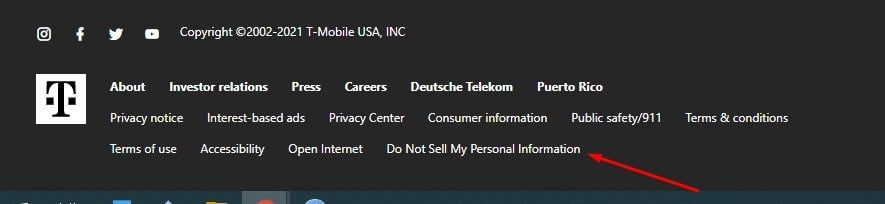 T-Mobile website footer with Do Not Sell My Personal Information link highlighted