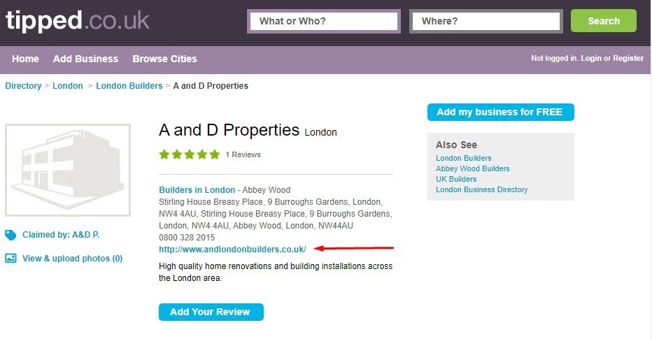 Tipped UK: A and D Properties page with website link highlighted