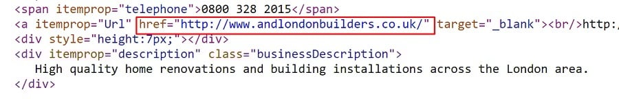 Tipped UK page source code with nofollow on A and D Properties website link