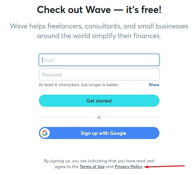Wave Create Account page with Privacy Policy link highlighted - V2
