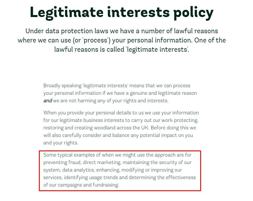 Woodland Trust Legitimate Interests Policy: Examples section highlighted