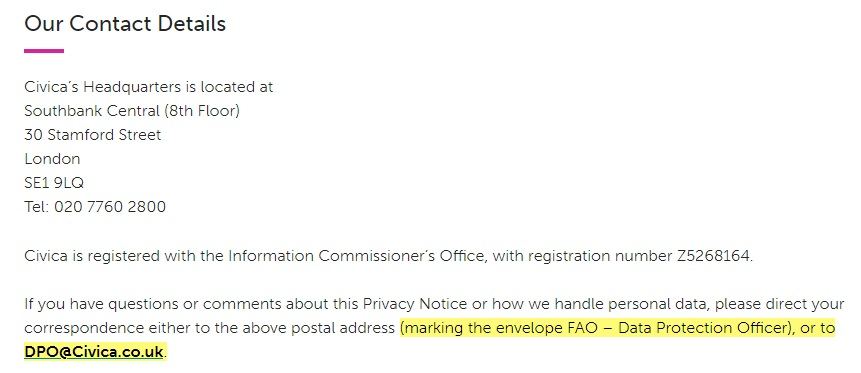 Civica Privacy Notice: Our Contact Details clause - DPO section highlighted