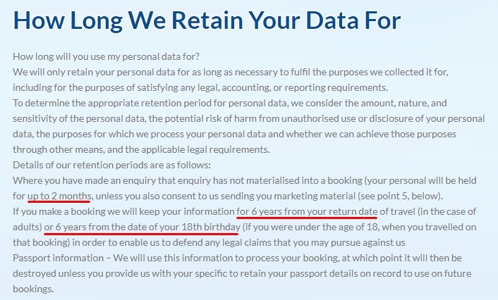 Dawson and Sanderson Privacy Policy: How Long We Retain Your Data For clause excerpt