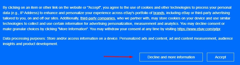 eBay cookie consent notice with decline button highlighted