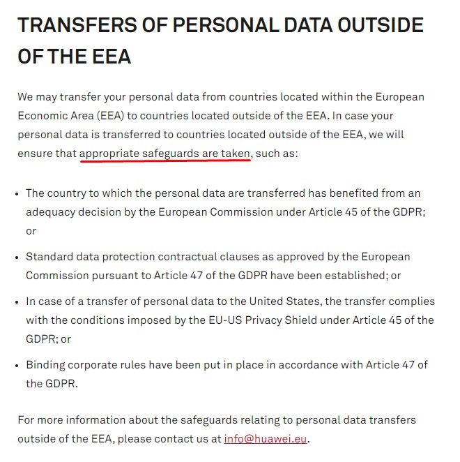 Huawei Privacy Policy: Transfers of Personal Data Outside of the EEA clause