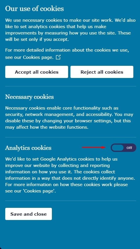 ICO cookie consent notice with analytics cookies button highlighted