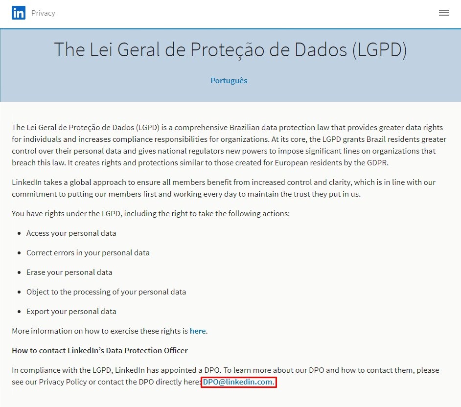 LinkedIn LGPD page: Data protection officer contact information highlighted