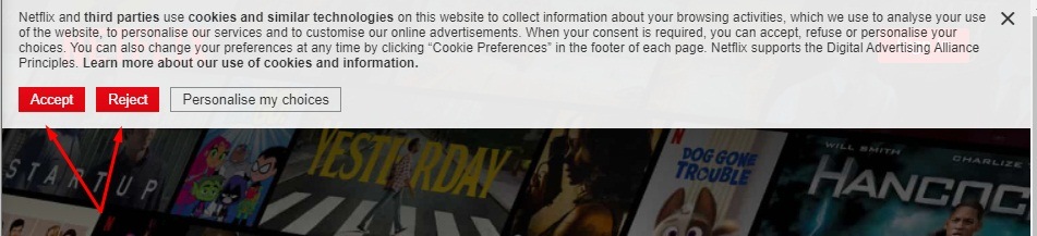 Netflix cookie consent notice with accept and reject buttons highlighted