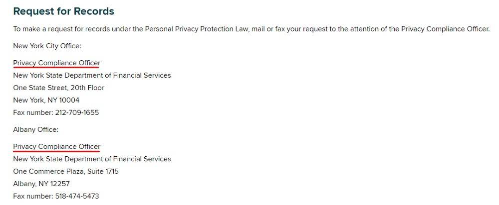 New York Department of Financial Services Privacy Policy: Request for Records clause with Privacy Compliance Officer contact information