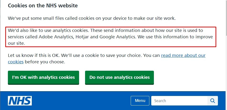 NHS cookie consent notice with analytics disclosure highlighted