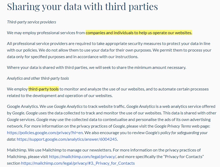 Our World In Data Privacy Policy: Sharing your data with third parties clause excerpt